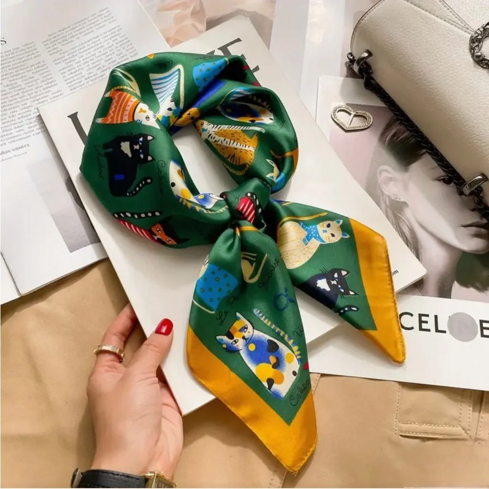 Cat Breeds Cartoon Whimsical Printed Square 27.5” Scarf, Green